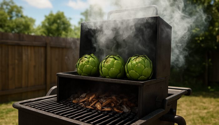 Rustic grill smoking plump artichokes with glowing hickory chips under sunny sky.