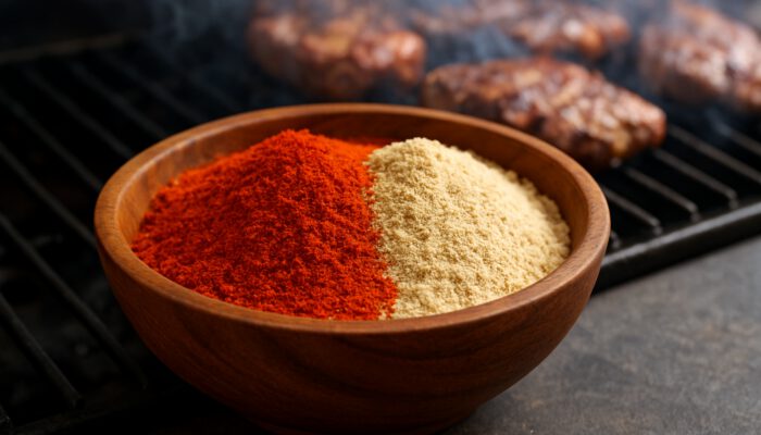 Wooden bowl of vibrant red paprika and garlic powder, forming heart-healthy BBQ rub on smoky grill.