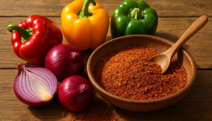 Fresh red onions and colorful bell peppers mixed into rustic BBQ rub on a sunlit wooden table.