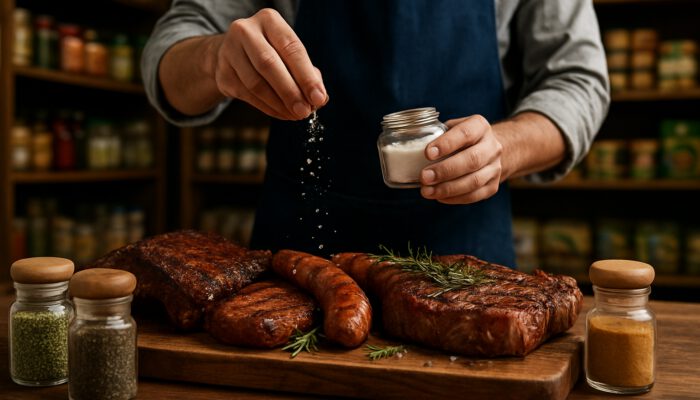 Chef seasoning meats with low-sodium sea salt and herbs in a rustic BBQ scene with heart-healthy spice jars.