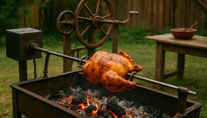 Rustic southern barbecue: motorized rotisserie chicken over coals, with historical hand-cranked spit in background.