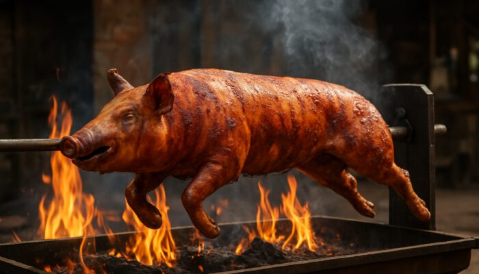 Whole hog roasting on outdoor rotisserie grill, golden-brown skin crisping with rising smoke.