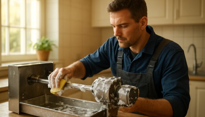Mechanic cleaning shiny stainless-steel rotisserie spit and motor in sunlit kitchen.