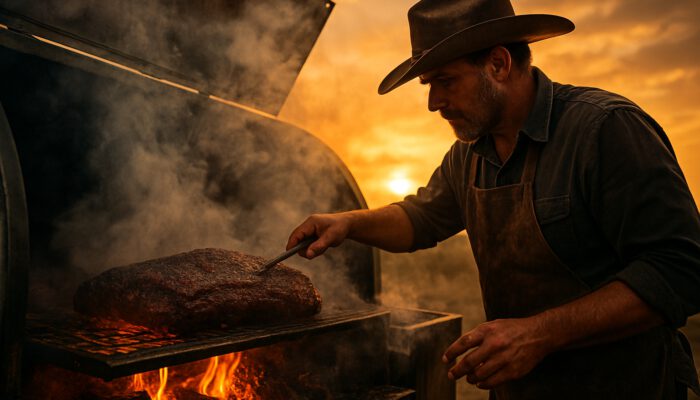 Southern pitmaster smoking succulent Texas brisket on rustic pit with glowing oak logs at sunset.
