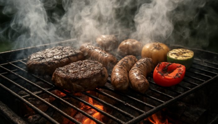 Smoky BBQ grill with glowing oak logs, swirling smoke around sizzling meats and vegetables.