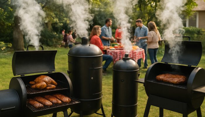 Bustling backyard barbecue with offset, vertical smokers and pellet grills smoking golden meats in oak smoke.