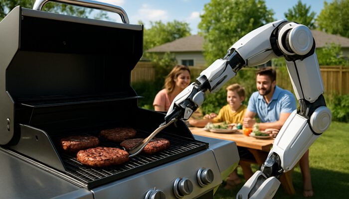 Futuristic robotic arm grilling juicy steaks on gas BBQ with joyful family in sunny backyard