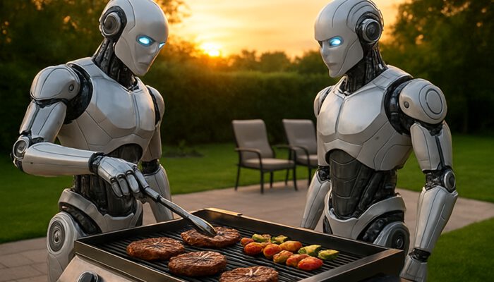 Futuristic robots grilling steaks and veggies on sleek backyard BBQ at sunset.