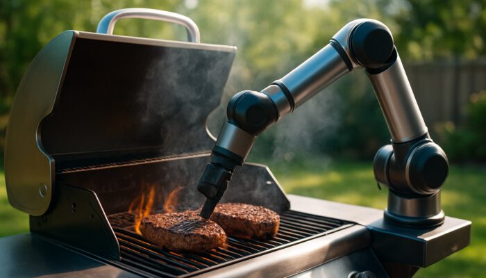 Robotic grill arm searing steaks over flames while cycling through heat and smoke modes in backyard
