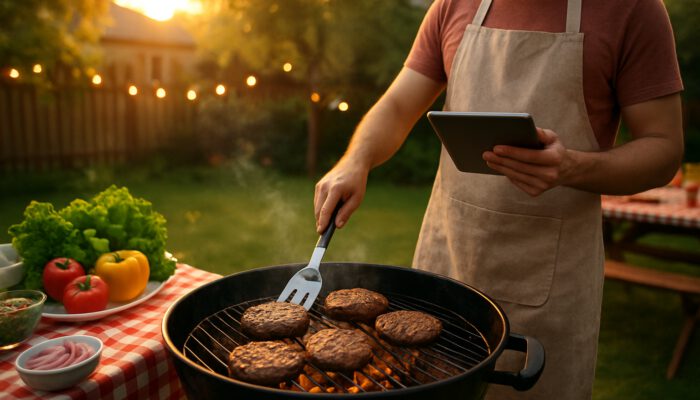 Cook using recipe app on tablet by sizzling grill at backyard summer barbecue