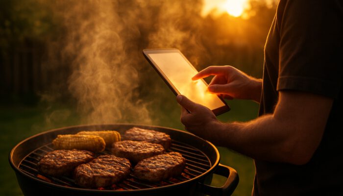 Chef using BBQ recipe app on tablet beside grill with steaks and corn at sunset