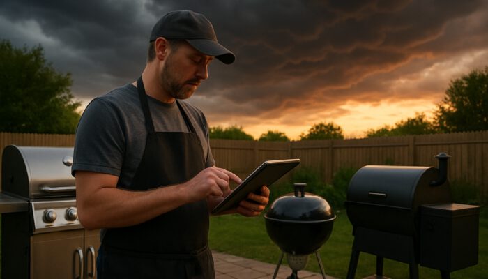 Backyard chef checks weather app on tablet beside gas, charcoal, and pellet grills under gathering storm clouds at sunset.