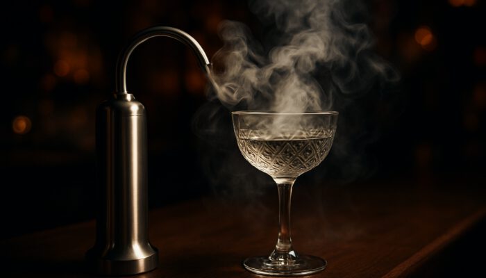 Stainless steel smoke infuser swirling aromatic smoke into crystal cocktail glass on wooden bar