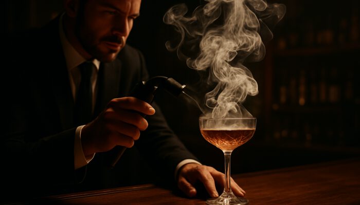 Elegant bartender using handheld smoke infuser to swirl aromatic smoke into crystal cocktail glass on wooden bar.