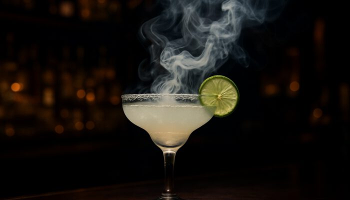 Smoked margarita with thick swirling smoke and lime garnish in NYC bar