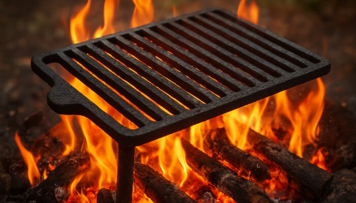 Cast iron grill sizzling over roaring hickory flames outdoors for live fire cooking.
