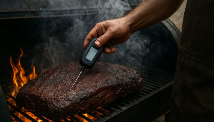 Pitmaster inserting digital thermometer into large brisket on smoky outdoor smoker with flames