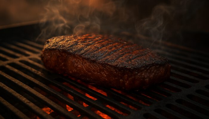 Cast-iron grill with open vents regulating airflow over glowing coals while searing a large brisket