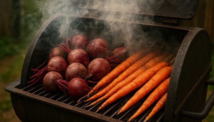 Rustic backyard smoker with Midwest beets and carrots in fragrant curling smoke