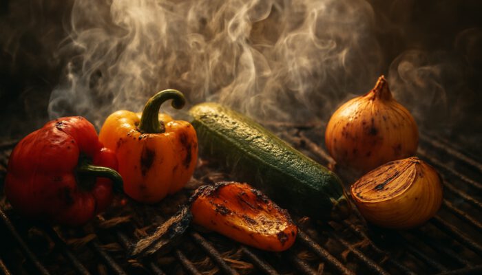 Vibrant peppers, zucchini, and onions smoking on rustic grill with golden light and fragrant smoke.