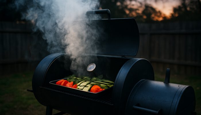 Backyard American smoker preheating at dusk with smoldering wood chips and fresh vegetables tray