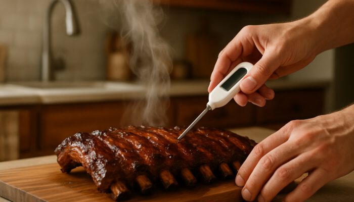 Hands inserting meat thermometer into juicy grilled ribs on wooden cutting board
