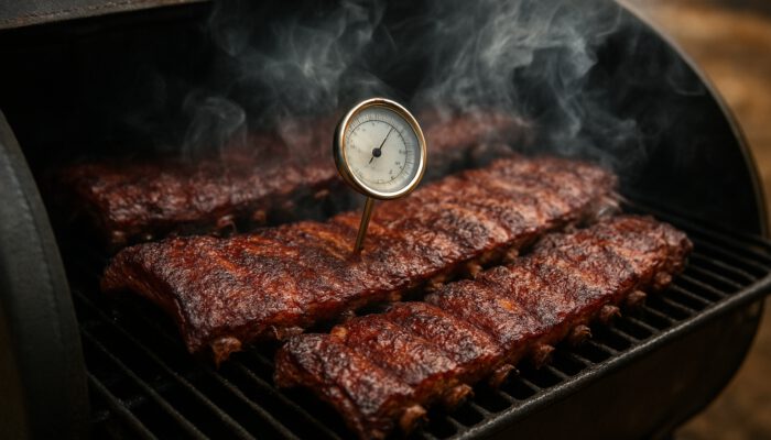 Ribs sizzling on smoker with thermometer above 140°F amid swirling smoke in rustic kitchen