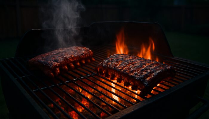 Backyard grill ribs slow-cooking over indirect heat then searing on direct flames in smoky Texas dusk barbecue.
