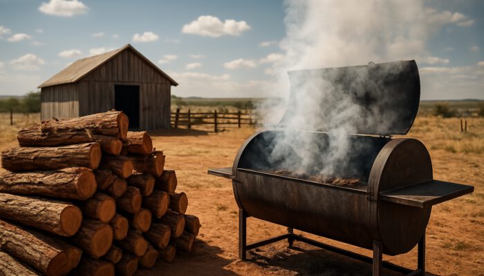 Rustic Texas ranch with mesquite hardwood stacks beside smoky barbecue pit in arid plains.