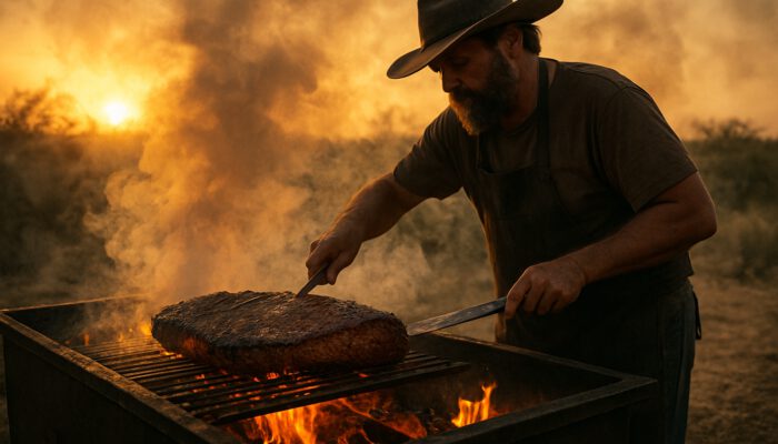 Texas pitmaster searing brisket over mesquite logs with swirling smoke at sunset