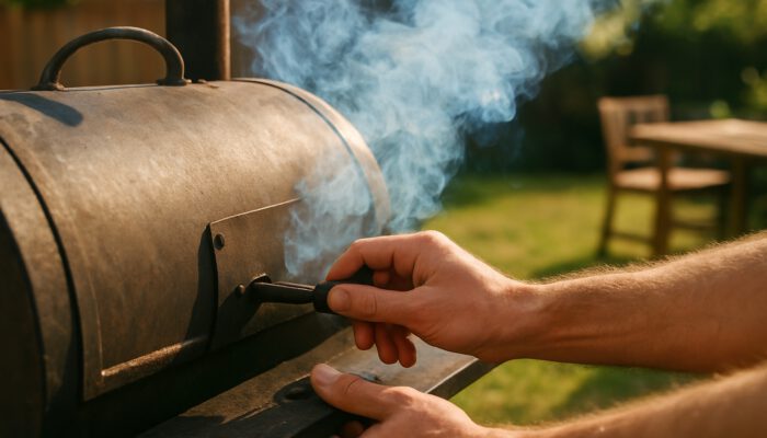 Hands adjusting vents on rustic barrel smoker releasing blue mesquite smoke outdoors.