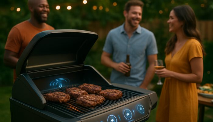 Futuristic AI smart grill with glowing sensors cooking steaks at backyard gathering with friends.