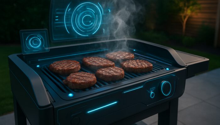 Futuristic AI BBQ grill with holographic displays and sensors regulating temperature for sizzling steaks.