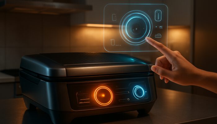 Sleek AI grill with holographic interface guiding novice through precise temperature calibration in modern kitchen.